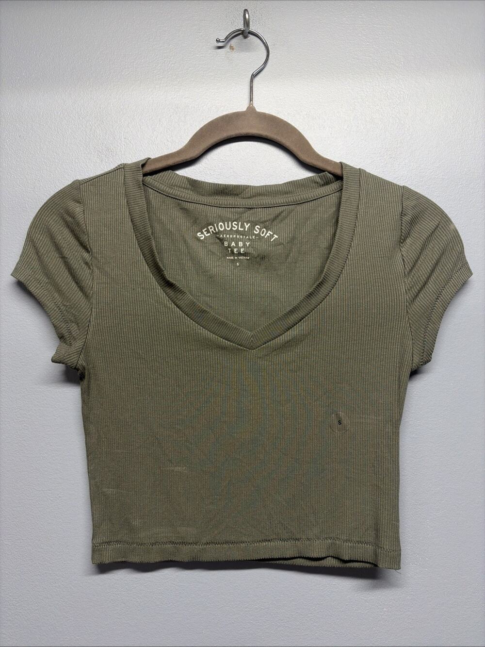 NEW Aeropostale Seriously Soft Ribbed Baby Tee - Cropped/Olive Green/Sz Small